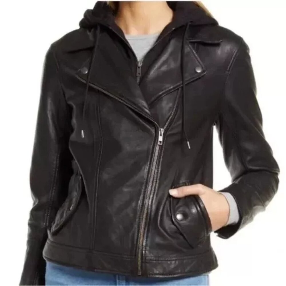 NEW Caslon 100% Leather Moto Jacket With Removabl hood Black Size 2X  #SJ2647